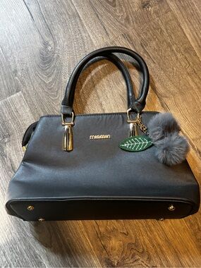 Minmin Black Faux Leather Shoulder Bag with Pom & Leaf Charm